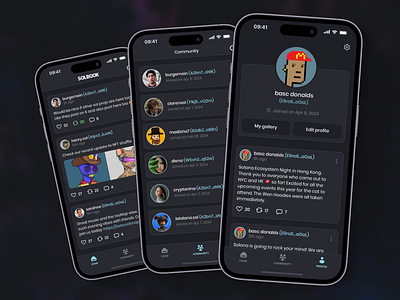 Decentralized social network on Solana app branding crypto decentralized friends mobile app mobile app design mobile design network nft posts social social network solana tech ui ux design