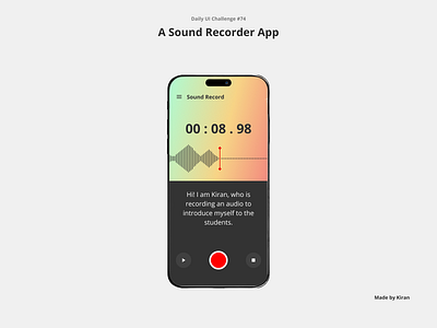 Daily UI Challenge #74 audio audio recorder dark mode design gradients mobile design player record recorder sound sound recorder text reader ui uichallenge ux uxdesigner uxui