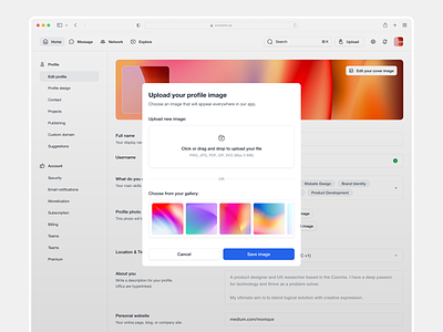 Profile Image Upload design graphic design image modal profile image save ui ui design upload ux web design website