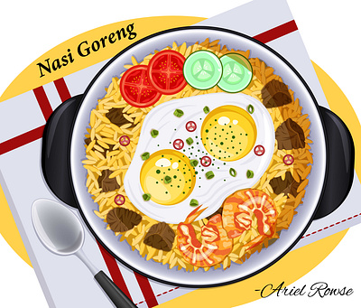 Nasi Goreng: An Indonesian Cuisine cultural food food illustration fried eggs fried rice graphic design healthy foods indonesian cuisine nasi goreng shrimp top view illustration