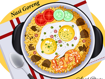 Nasi Goreng: An Indonesian Cuisine cultural food food illustration fried eggs fried rice graphic design healthy foods indonesian cuisine nasi goreng shrimp top view illustration