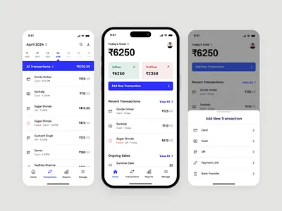 Transactions Management App for Merchants add new transactions app design calendar checkout page credit card daily transactions finance finance app fintech fintech app light mode minimal mobile app payment payment methods qr code sales report transaction history transactions view all transactions