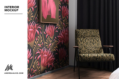Interior Mockup Upholstered Chair chair interior mockup interior scene living room mockup photo mockup photoshop portrait creator realistic smart object surface pattern mockup wallpaper wallpaper visualization wallpapered room