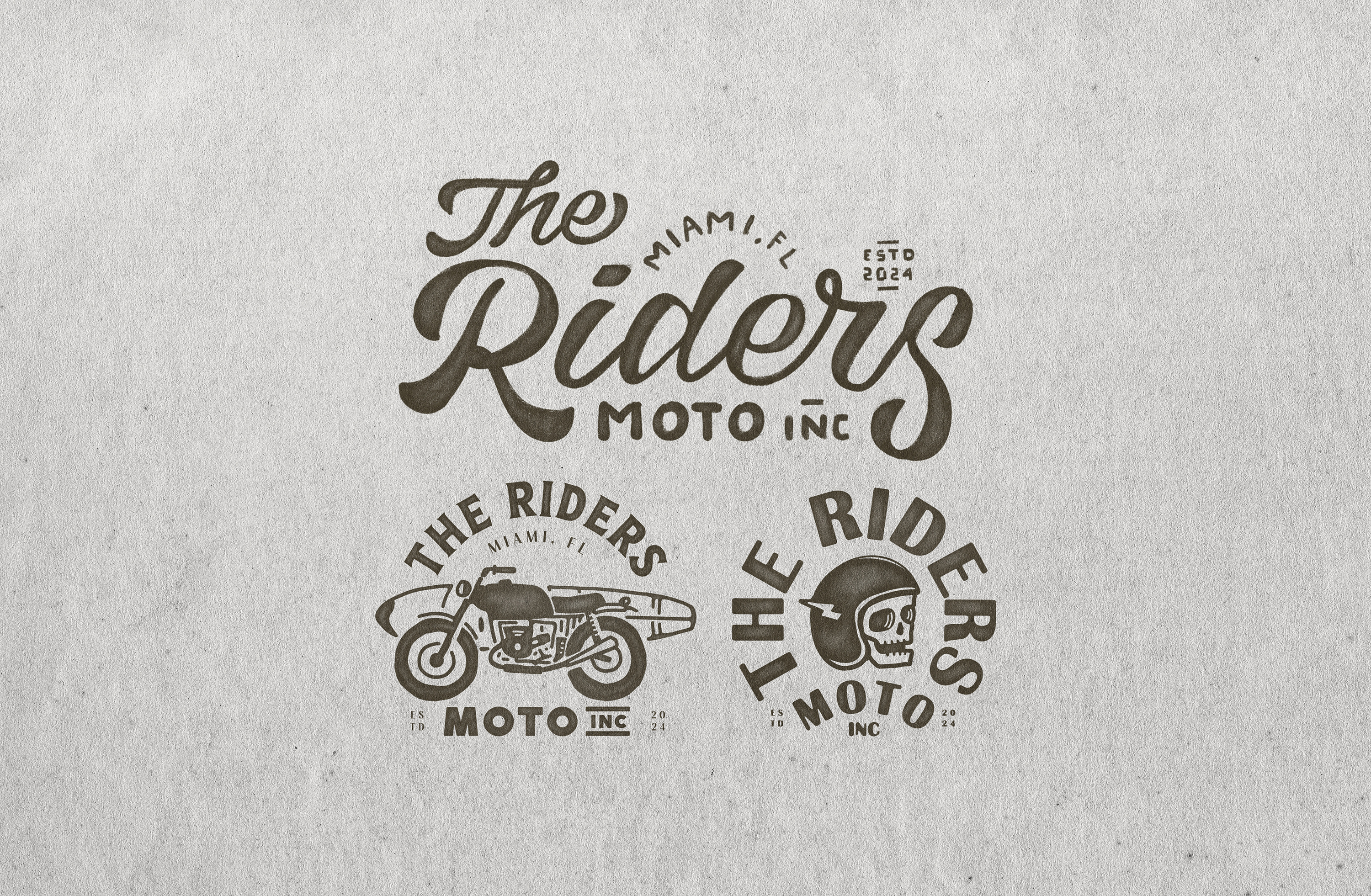 The Riders Moto Inc Branding apparel artwork branding design digital art drawing fashion graphic design illustration lettering logo motorcycle rustic skull surf typography vector vintage