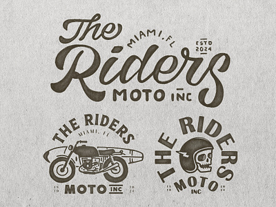 The Riders Moto Inc Branding apparel artwork branding design digital art drawing fashion graphic design illustration lettering logo motorcycle rustic skull surf typography vector vintage