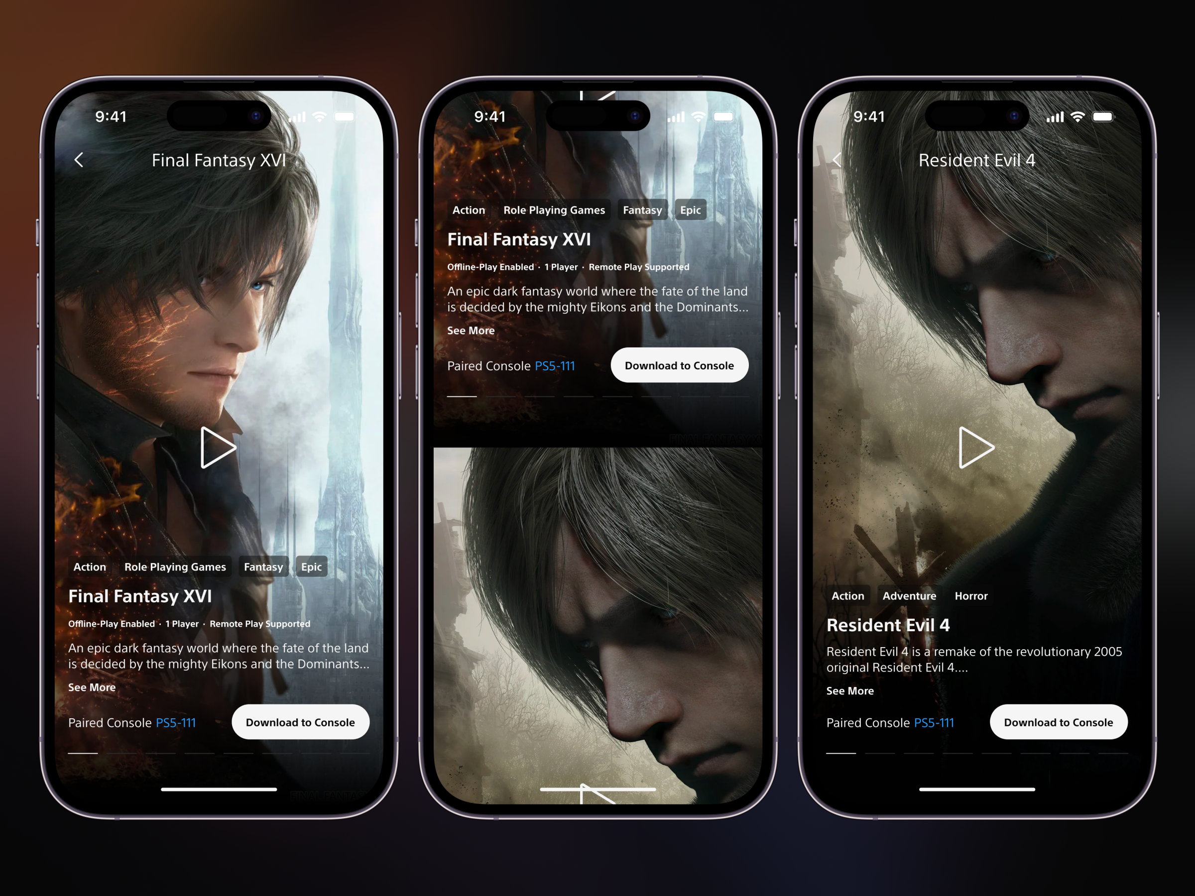 PlayStation - Full Screen Experience app app design clean design download final fantasy 15 full screen full screen experience game interface design play playstation resident evil 4 simple tiktok ui ui design user interface ux ux design