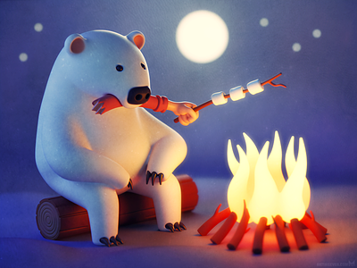 Marshmallow time 3d bear campfire character childrens kidlit kids north pole snow winter