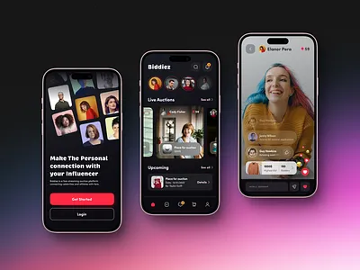 live product auctions mobile app app auction auctions design direct homepage influencers interactions live live chat mobile page product products profiles social social media splash ui ux