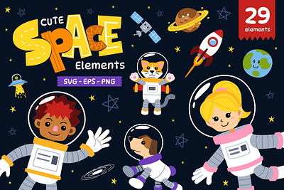 Cute Space Elements astronaut branding cartoon character children children illustration cute design elements galaxy illustration kids illustration pattern solar system space vector