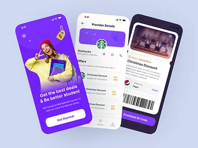 Stundent discounts mobile app ui ux app coupon coupons design discount discounts mobile off page profile qr qr code scan screen splash student ui ui ux uiux ux