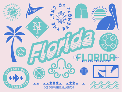 The Flowery Land alligator badge branding custom design f florida flower illustration l lockup logo ocean palm spring break state sun type vacation waves
