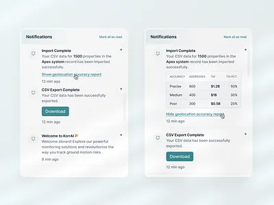 Simplified notifications with accuracy report b2b dashboard notification product design saas ui ux webapp