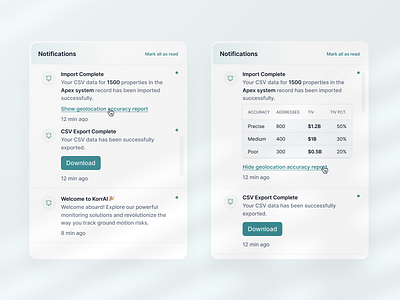 Simplified notifications with accuracy report b2b dashboard notification product design saas ui ux webapp