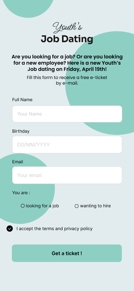 Sign up page made for a job dating event.