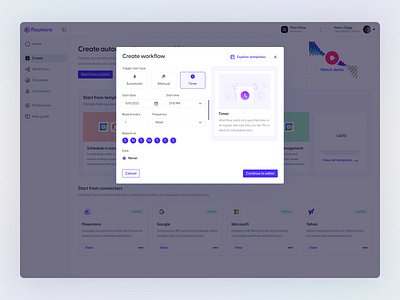 Timer trigger (Create workflow) - BPMN 2.0 activities automated bpmn connectors design effectiveness events figma manual minimal popover process processes run saas timer ui ux uxdesign workflow