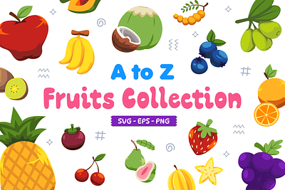 A to Z Fruits Collection apple banana cartoon clipart coconut collection design element food fruit grape graphic design illustration object olive orange pattern strawberry vector