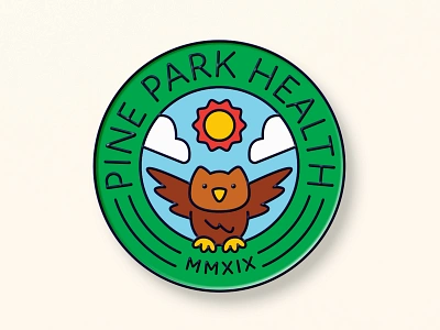 Pine Park Health Enamel Pin No.1 animal badge bird circle cloud design enamel forest graphic design icon illustration logo merch nature owl pin sky sun type typography