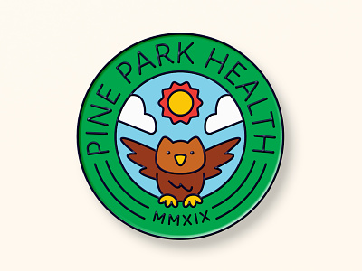 Pine Park Health Enamel Pin No.1 animal badge bird circle cloud design enamel forest graphic design icon illustration logo merch nature owl pin sky sun type typography