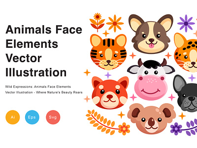 Animals Face Elements Vector Illustration kid