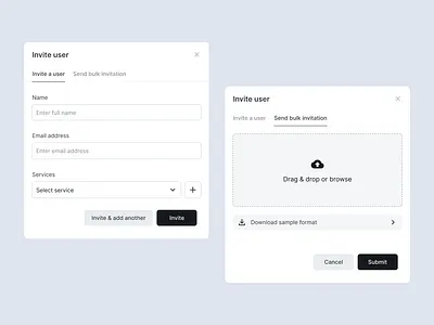 Invite User - individual and bulk invite user modal popup ui ux wireframe