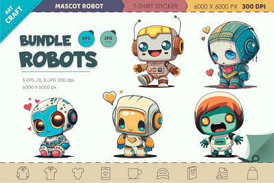 Set of Cartoon Robots 01. T-Shirt Sticker. android cartoon character chibi comic illustration kawaii mascot robot sticker vector