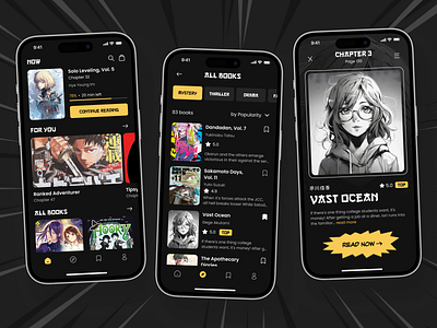 Manga App UI android app application ios mobile mobile app design mobile app ui reader app ui