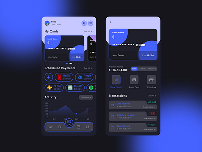 Card Management App app card app dark theme financial app product design ui ux