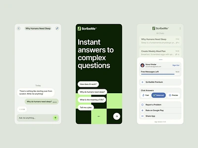 ScribeMeAI App Design ai app artificial assistant branding chat chatgpt figma green intelligence inter machine learning message messenger mobile onboarding openai settings ui vindar