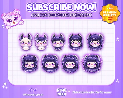 🦙Custom Purple Llama Sub or Bit Badges🦙 animal animation bit badges chibi emotes chibi girl emotes concept art custom design cute emotes design digital illustration discord emotes graphic design illustration llama motion graphics open commission sub badges twitch emotes