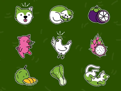 Stickers animals bokchoi cat chicken dog dragon fruit durian fruit illustrator mangosteen piggie social media stickers thailand vegan veggie