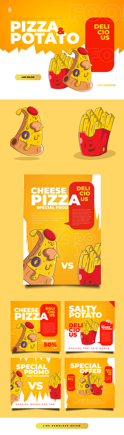 PIZZA AND POTATO branding character cheese cover delicious design flyer graphic design illustration instagram pizza post potato social media templates vector