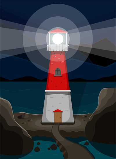 Lighthouse on the sea design graphic design illustration light lighthouse night night on the sea pictures prints romantic scenery sea stikers