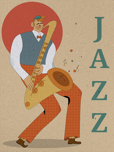 Music poster design art cartoon character colorful design illustration jazz jazz player jazz poster notes poster design printable saxophone vector