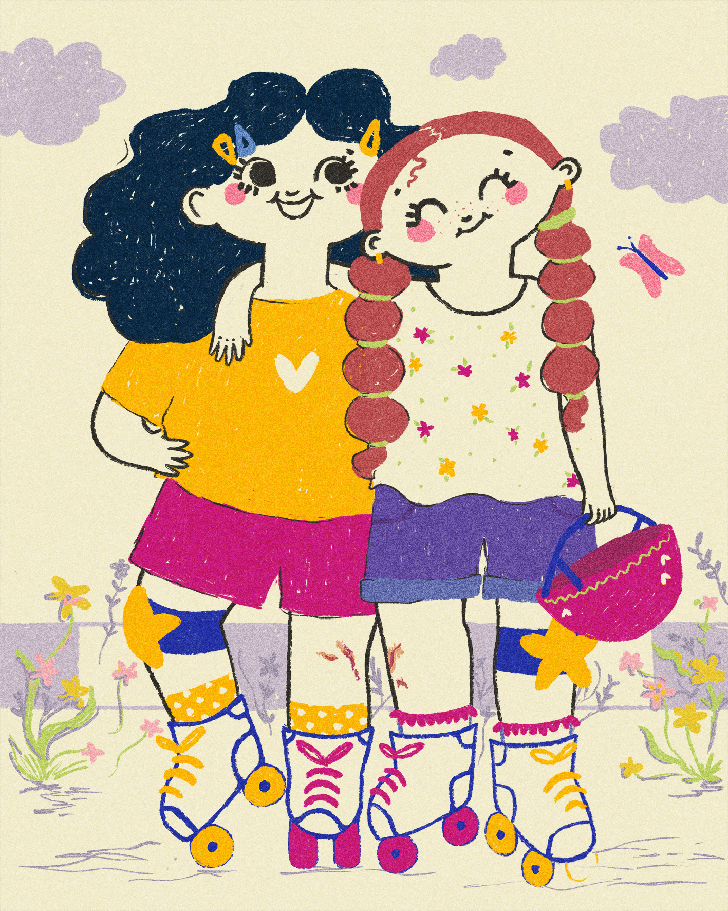 Friends who skate together stay together childrens books design digital art flowers friendship girls helmet illustration injured kids knee roller blades skate street