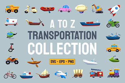 A to Z Transportation Collection boat car cartoon clipart design element heavy machine illustration plane ship train transport transportation vector vehicle