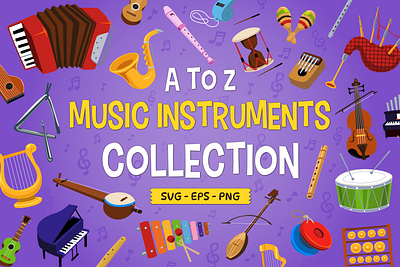 A to Z Music Instruments Collection accordion cartoon clipart collection design drum flute guitar harp illustration instrument music object piano tools triangle vector violin