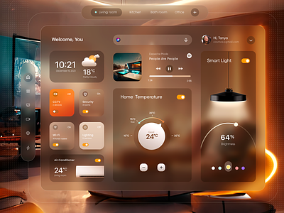 Smart Home Dashboard ai animation background blur conditioner cozy dashboard lamp light motion graphics player smarthome temperature ui ux wi fi