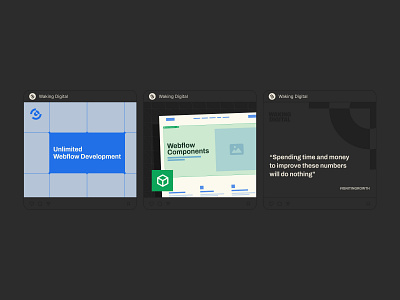 Social Media Design | Waking Digital Brand Identity ads branding dark dark theme digital agency digital agency posts identity instagram posts linkedin posts low contrast post graphics promotion seo social media social media ads twitter posts webflow x posts