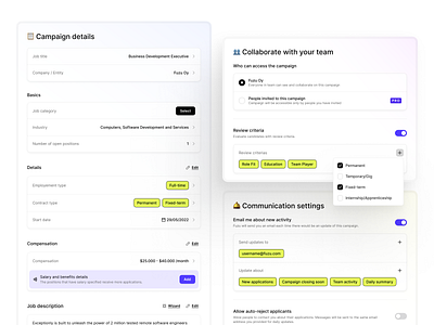 HR Platform – New campaign details review form app campaign design form hiring hr job search product summary ui ux web