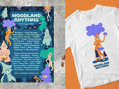 Woodland Rhythms Music Festival characters illustration merch music festival t shirt tote tree characters