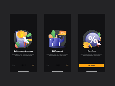 Onboarding - FinTech, Mobile App black finance fintech illustration invest mobile money ui kit