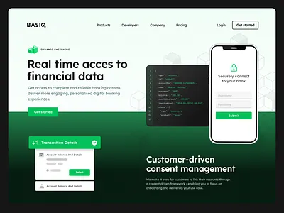 Basiq #uithursday basiq fintech green hero section landing page product page ui ux uxui web design