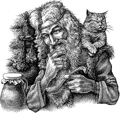 Herbalist black and white cat engraving herbalist illustration old man scratchboard woodcut