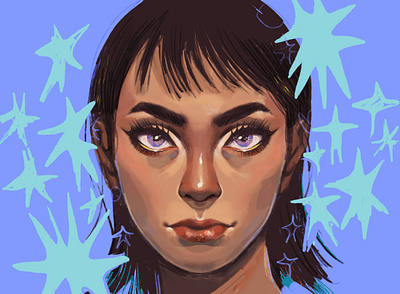 Shining stars & highlights character digital eyes face girl illustration paint painting portrait procreate texture woman
