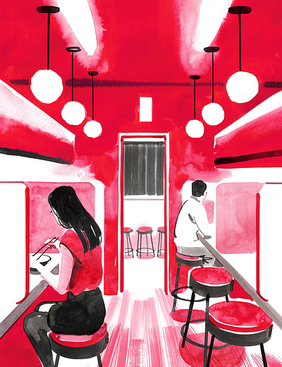 Ben Pearce for Bran Eins alone ben pearce dating editorial illustration illustration illustrationart illustrationartist illustrationzone ink ink drawing ink painting interior japan loneliness lonely red ink restaurant seeking friends tokyo