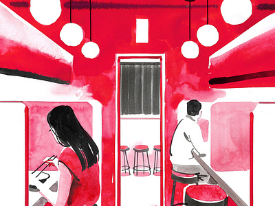 Ben Pearce for Bran Eins alone ben pearce dating editorial illustration illustration illustrationart illustrationartist illustrationzone ink ink drawing ink painting interior japan loneliness lonely red ink restaurant seeking friends tokyo