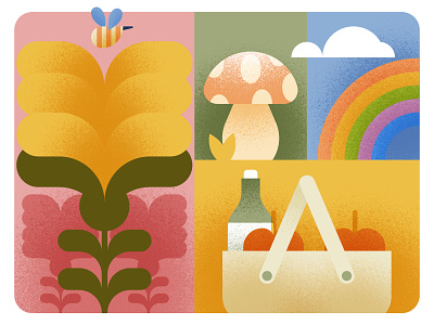 Spring Card bee branding design flower graphic design icon illustration line minimal mushroom picnic rainbow retro simple spring ui