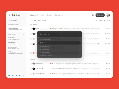 Gmail Redesign - AI Assistant Universal Spotlight Search ai assitant ai search email email search filter global search gmail gmail ai gmail redesign gmail search mail ai minimal saas search search ui spotlight preview spotlight search ui design universal search web design