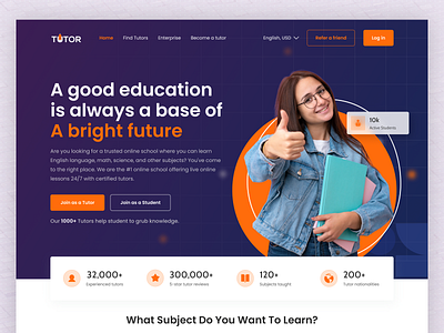 Education Tutoring Website Header branding design education figma graphic design header landing page design orange purple tutor ui ux website