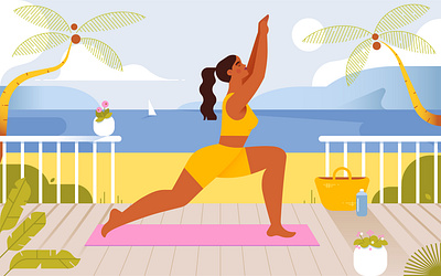 Yoga 2d adobe illustrator background beach character exercise flat illustration illustration tropical landscape vector illustration wellness woman yoga